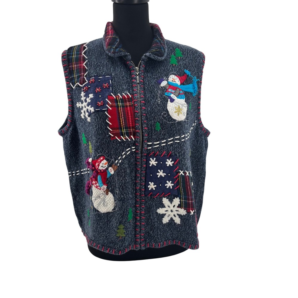 VTG Studio Joy Snowman Plaid Patchwork Christmas Sweater‎ Vest Navy Blue P Large